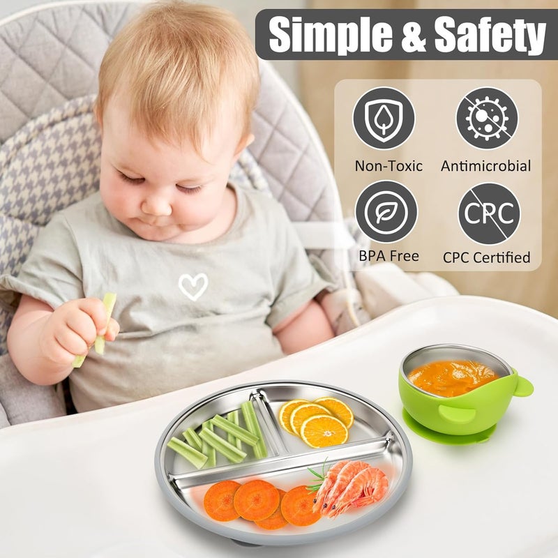 mislili Stainless Steel Baby Plate and Bowls with Suction, Divided Kids Baby Plate and Toddler Bowl with Removable Silicone Suction, Non-Slip Baby Feeding Set Dishwasher Safe，4 Packs - Image 4